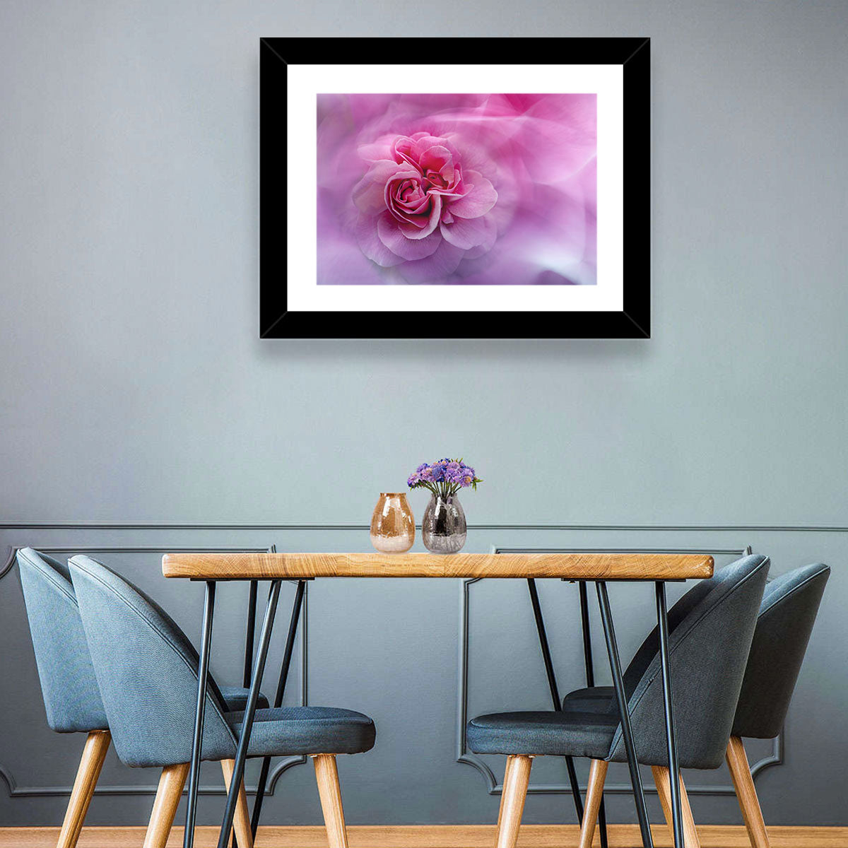 Ethereal Pink Rose Bloom Wall Art in a room, landscape