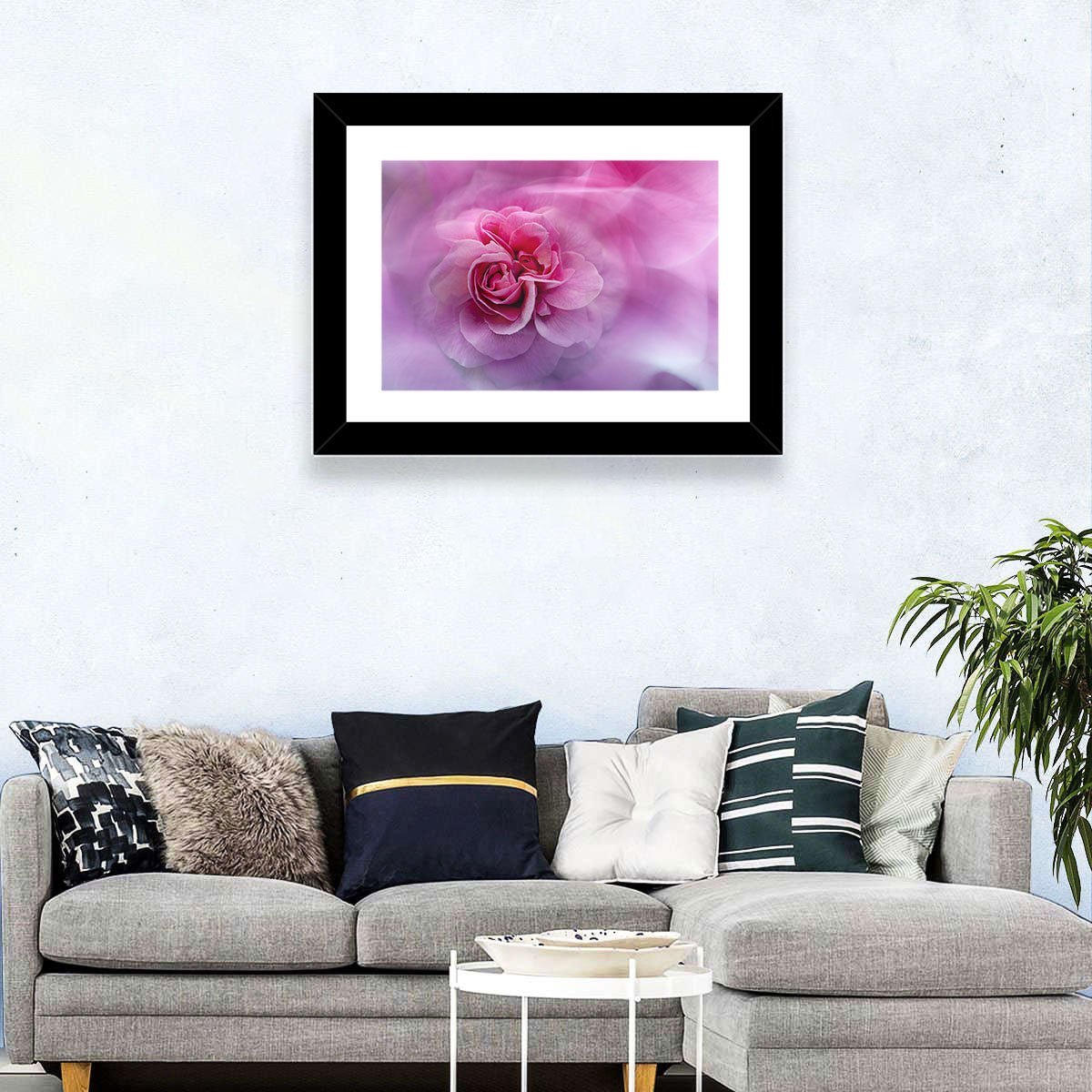 Ethereal Pink Rose Bloom Wall Art in a room, landscape