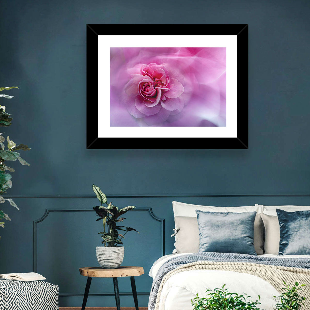 Ethereal Pink Rose Bloom Wall Art in a room, landscape