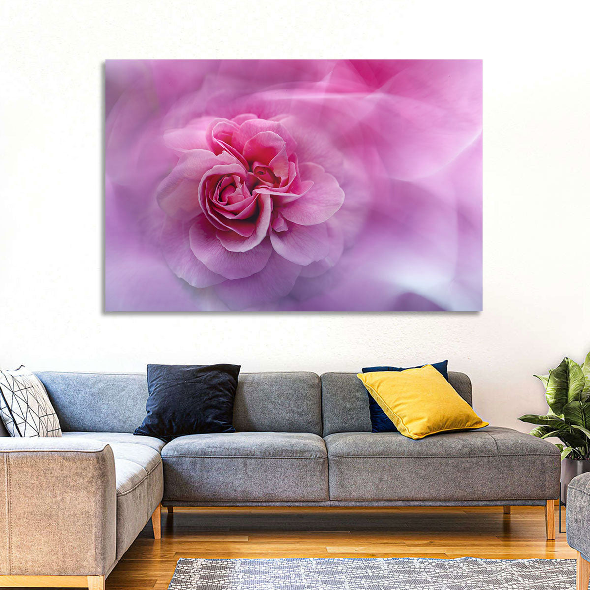 Ethereal Pink Rose Bloom Wall Art in a room, landscape