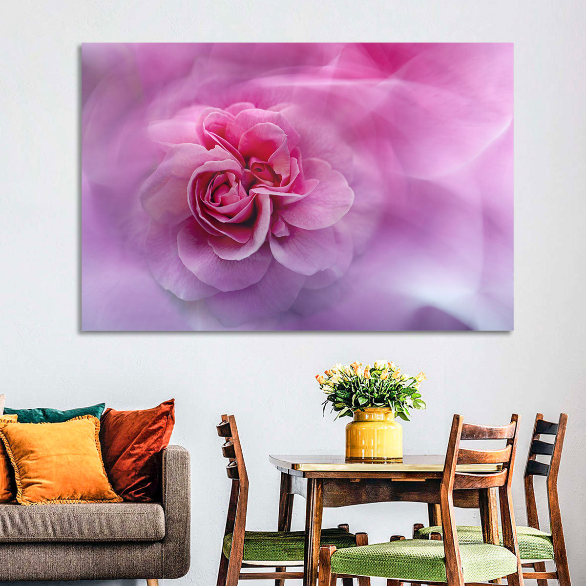 Ethereal Pink Rose Bloom Wall Art in a room, landscape