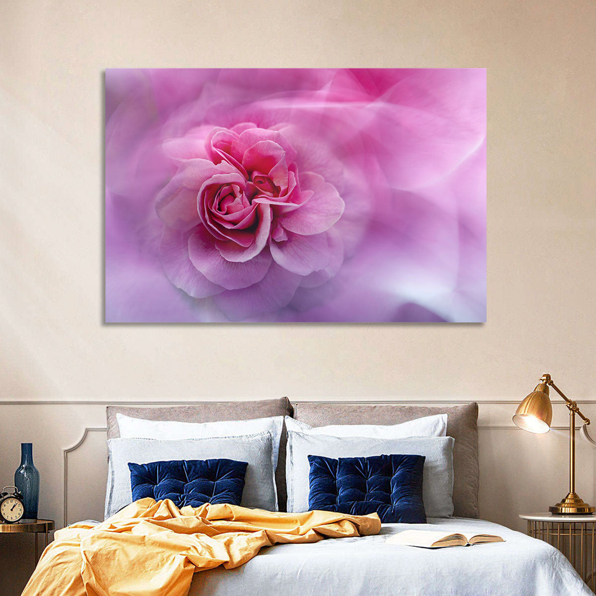 Ethereal Pink Rose Bloom Wall Art in a room, landscape
