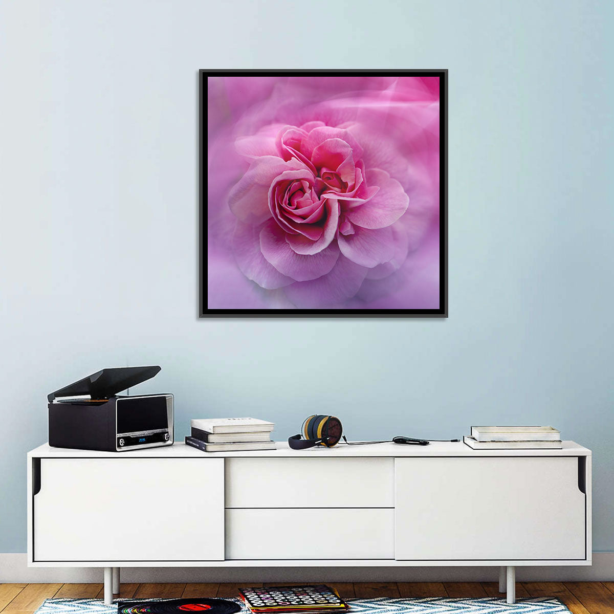 Ethereal Pink Rose Bloom Wall Art in a room, landscape
