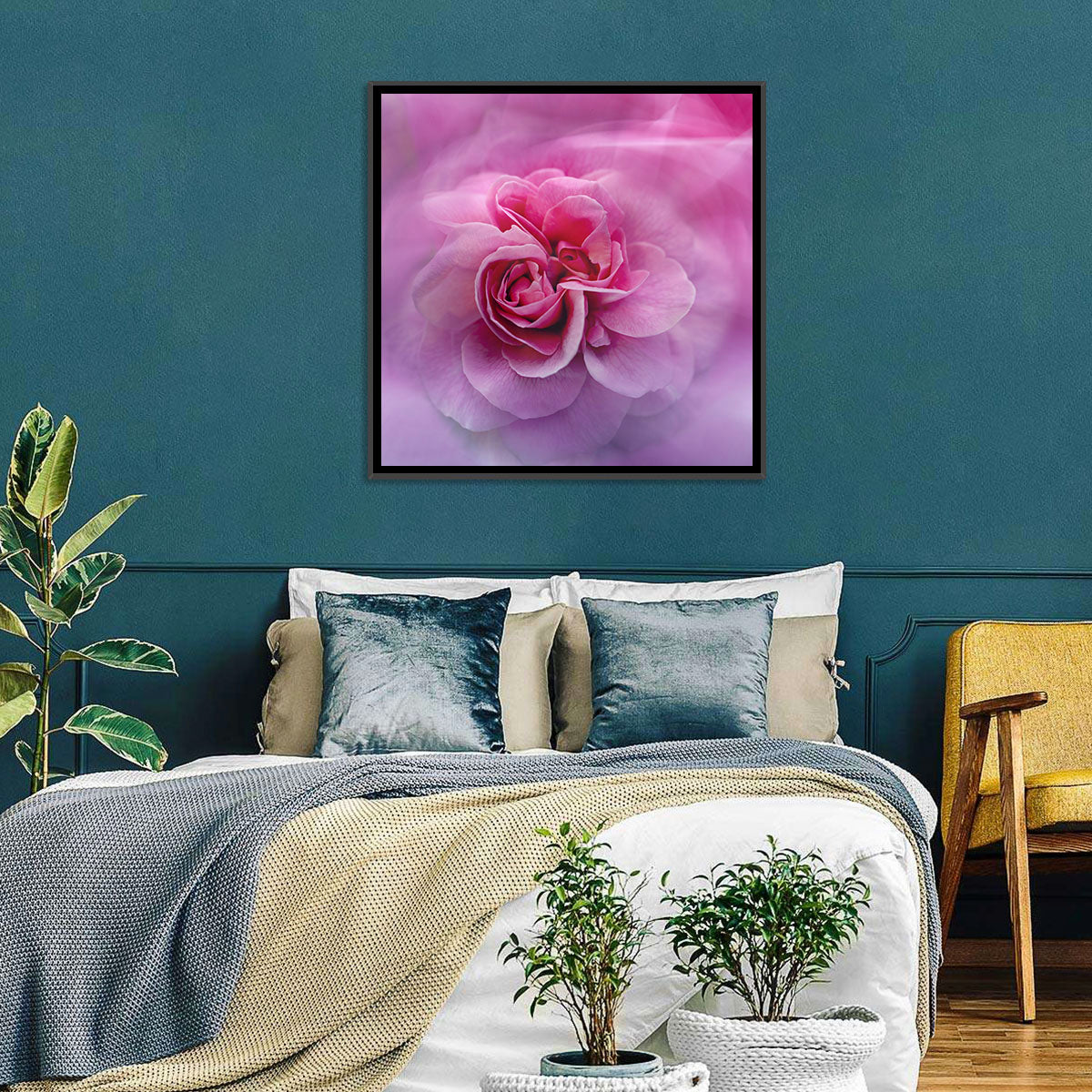 Ethereal Pink Rose Bloom Wall Art in a room, landscape