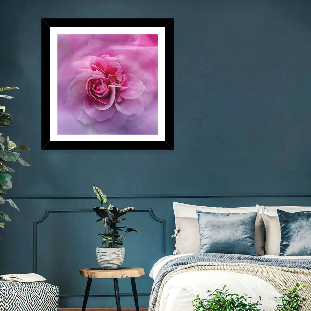 Ethereal Pink Rose Bloom Wall Art in a room, landscape