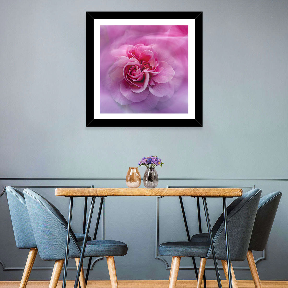 Ethereal Pink Rose Bloom Wall Art in a room, landscape