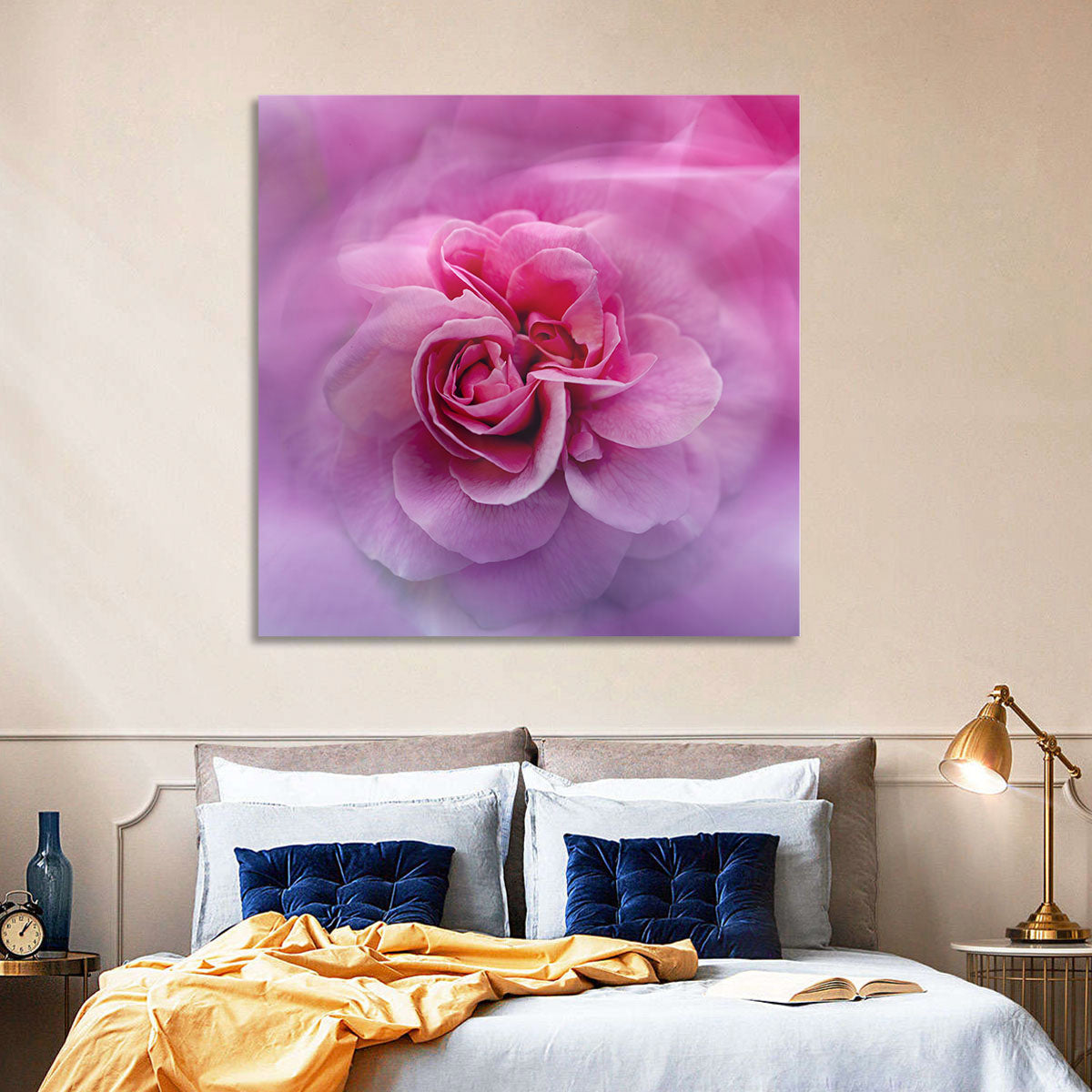 Ethereal Pink Rose Bloom Wall Art in a room, landscape