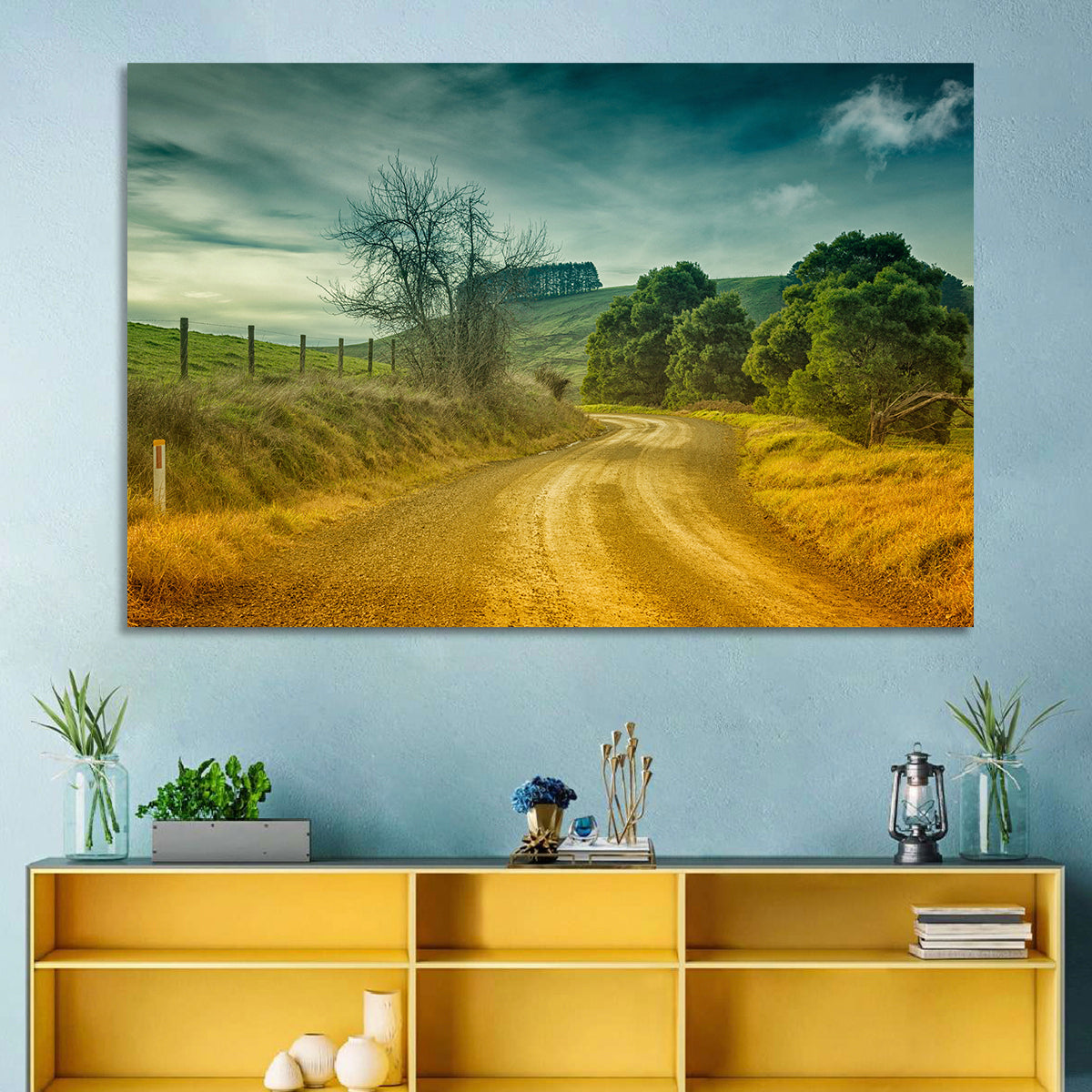 Golden Country Road Wall Art in a room, landscape