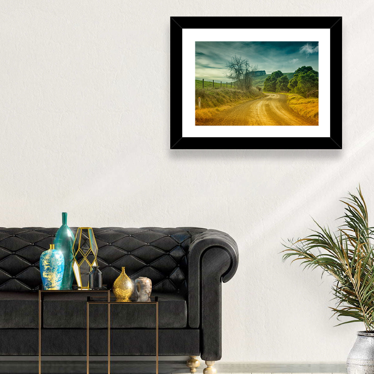 Golden Country Road Wall Art in a room, landscape