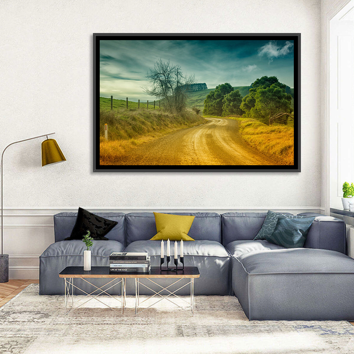 Golden Country Road Wall Art in a room, landscape