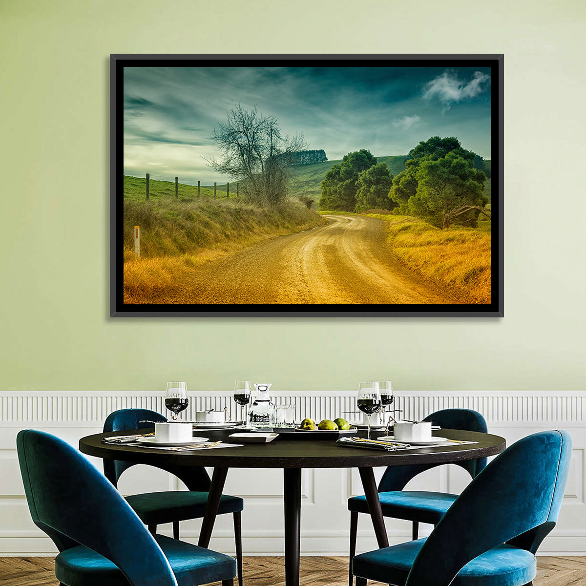 Golden Country Road Wall Art in a room, landscape