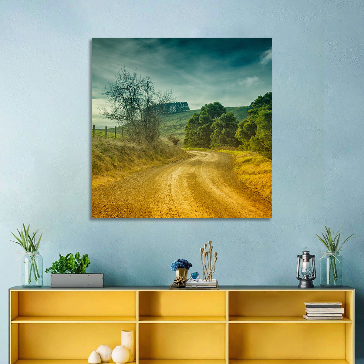 Golden Country Road Wall Art in a room, landscape