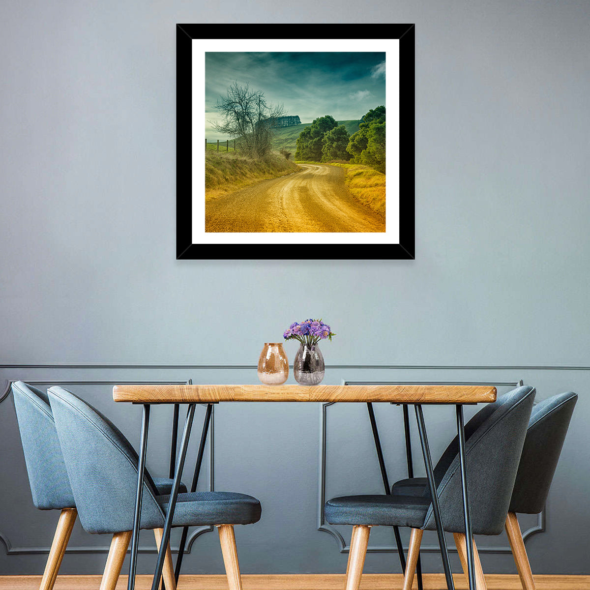Golden Country Road Wall Art in a room, landscape