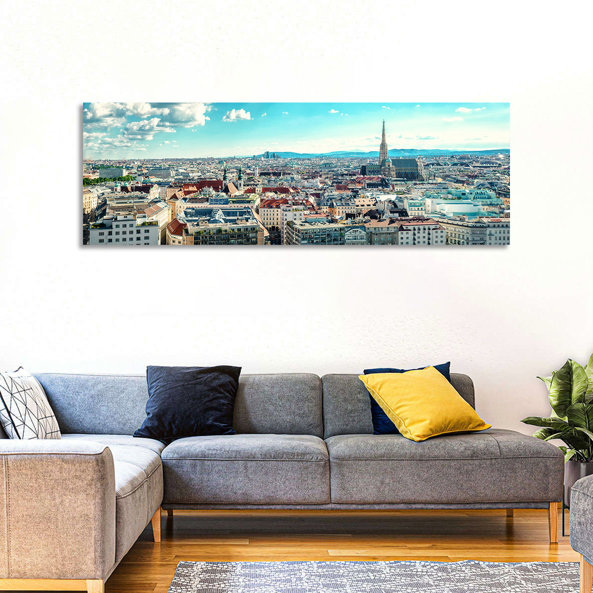 Vienna Skyline with St. Stephen's Cathedral Wall Art in a room, panoramic