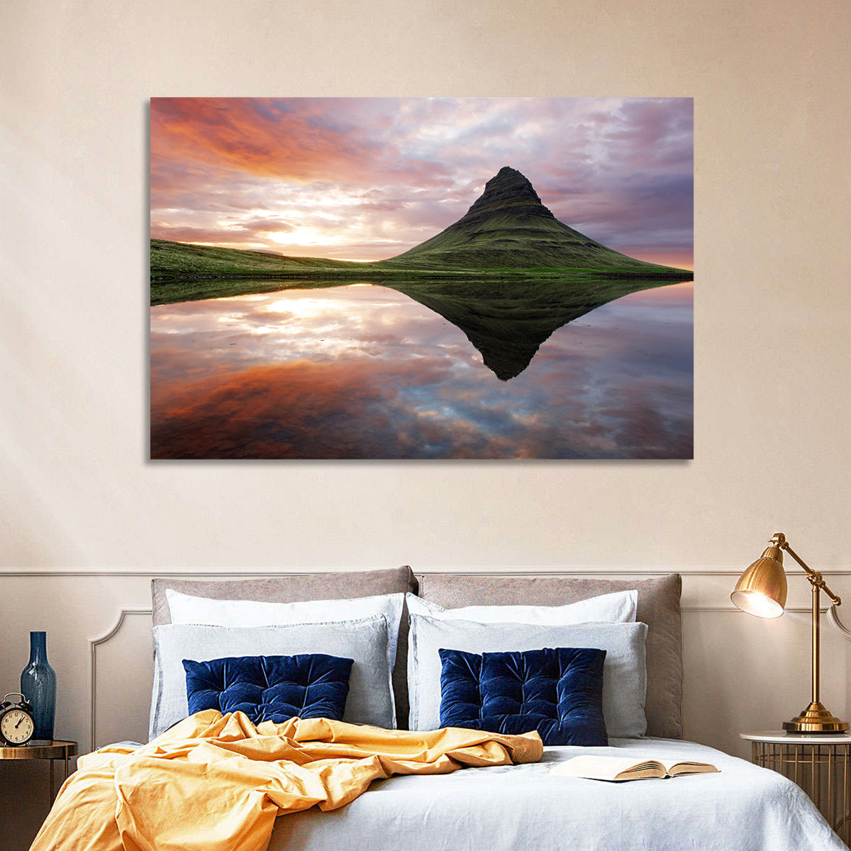 Kirkjufell Sunset Reflection Wall Art in a room, landscape