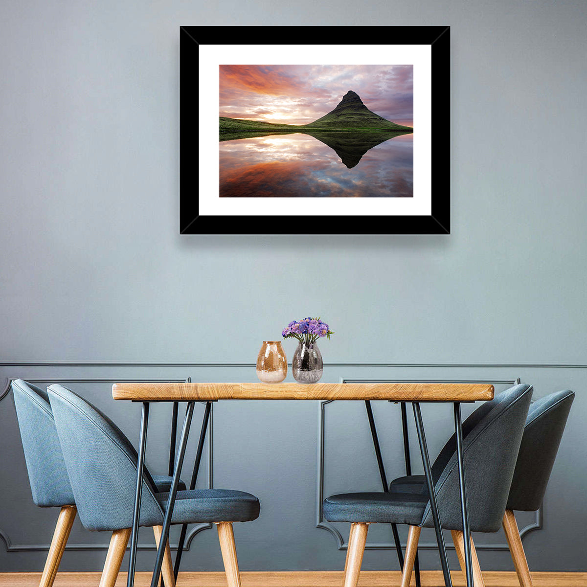 Kirkjufell Sunset Reflection Wall Art in a room, landscape