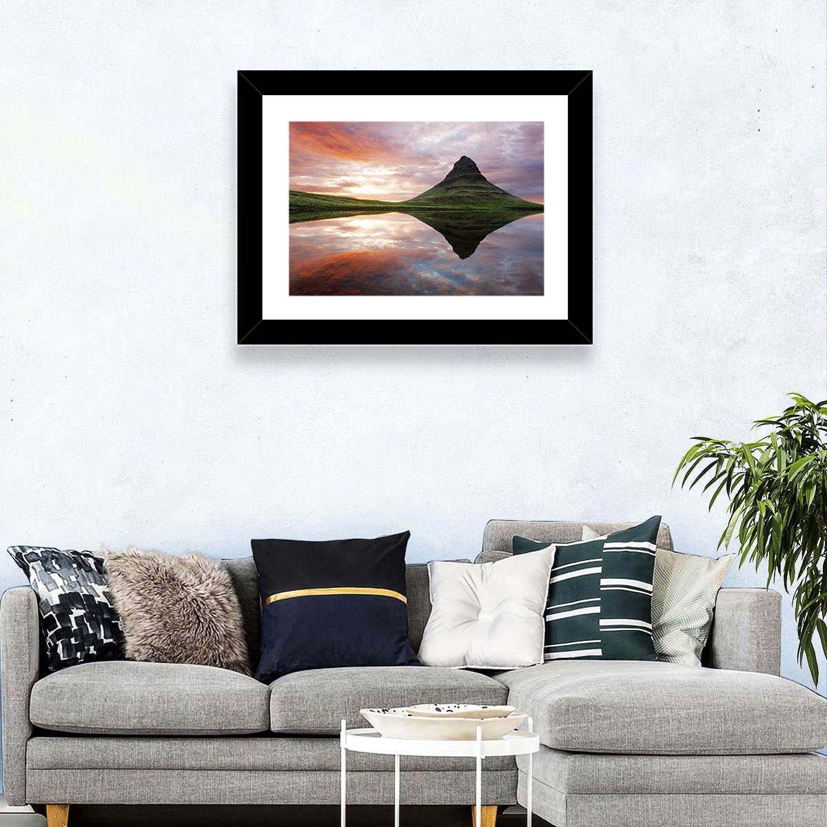 Kirkjufell Sunset Reflection Wall Art in a room, landscape