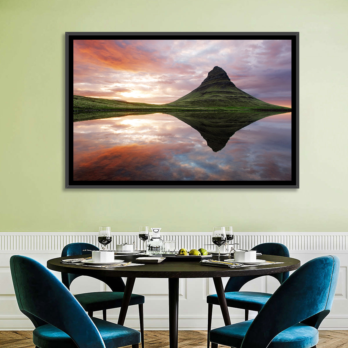 Kirkjufell Sunset Reflection Wall Art in a room, landscape
