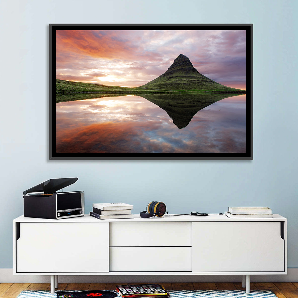 Kirkjufell Sunset Reflection Wall Art in a room, landscape