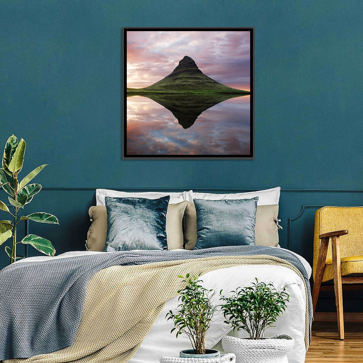 Kirkjufell Sunset Reflection Wall Art in a room, landscape