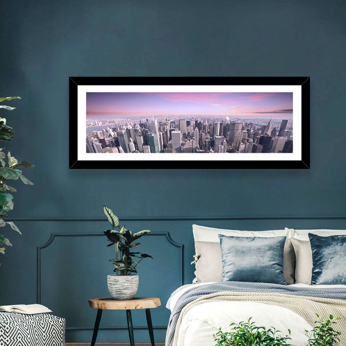 Midtown Manhattan Skyline in Purple Haze Wall Art in a room, panoramic