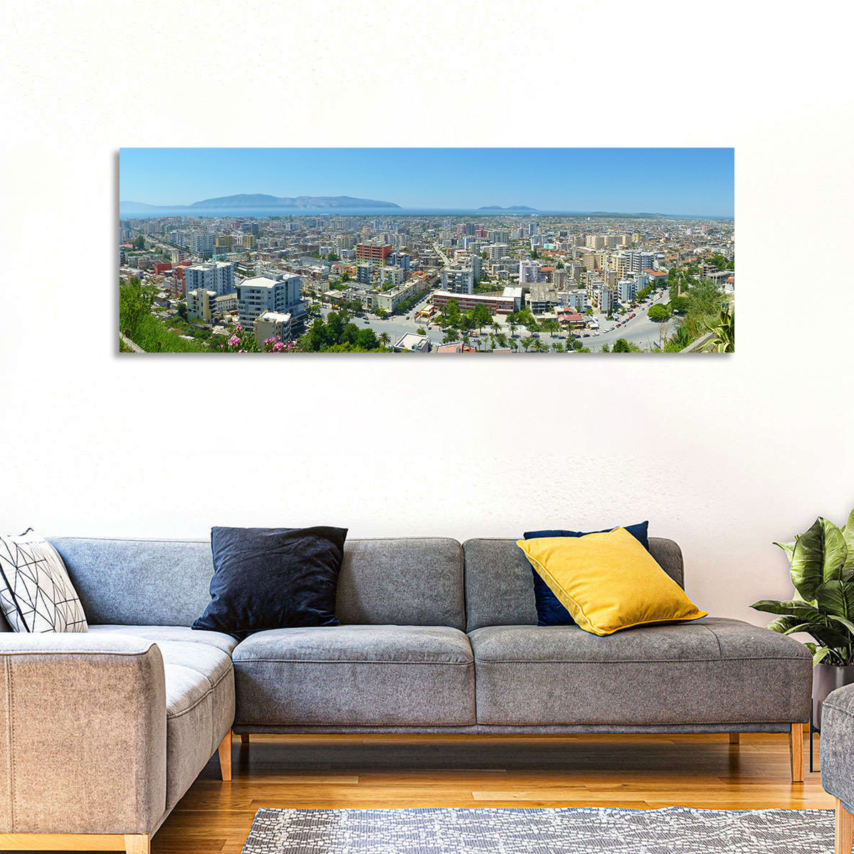 Vlore Coastal Cityscape Wall Art in a room, panoramic