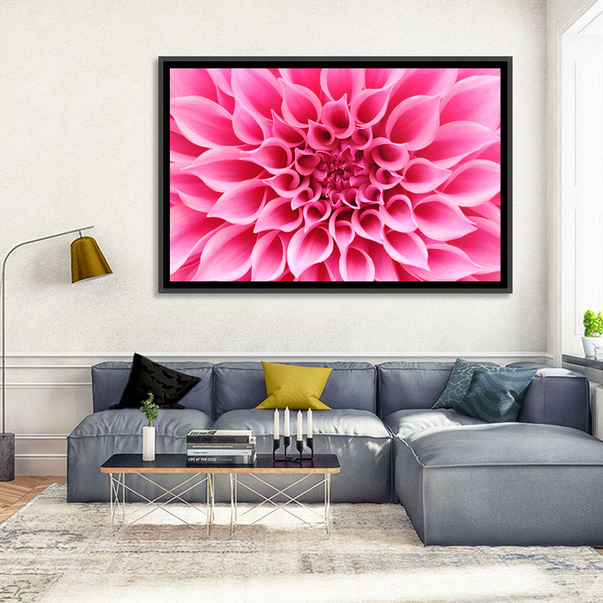 Pink Dahlia Spiral Close-up Wall Art in a room, landscape