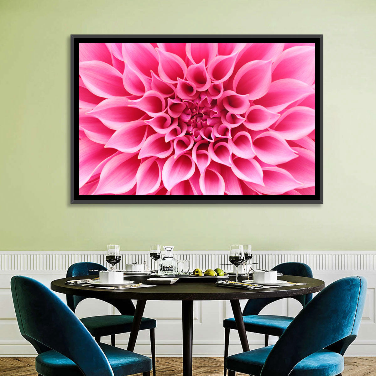 Pink Dahlia Spiral Close-up Wall Art in a room, landscape
