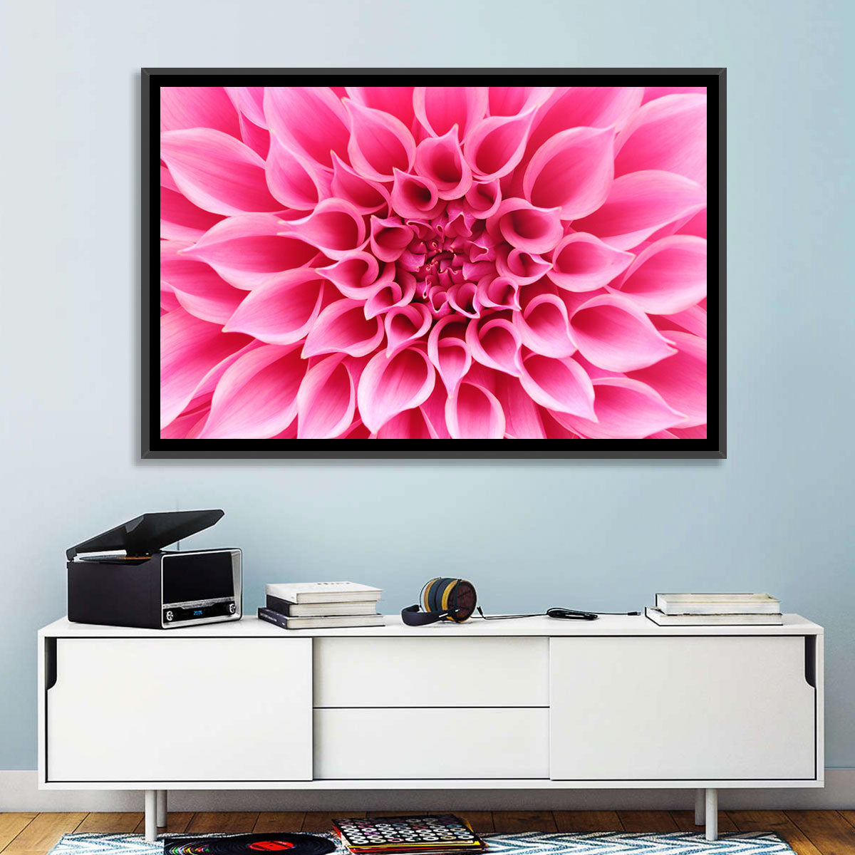 Pink Dahlia Spiral Close-up Wall Art in a room, landscape