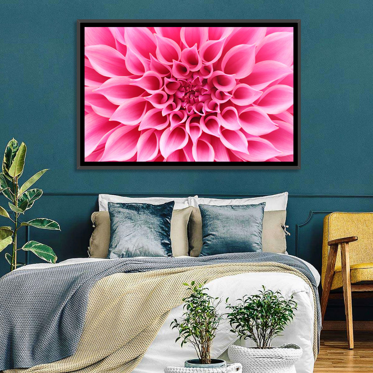 Pink Dahlia Spiral Close-up Wall Art in a room, landscape