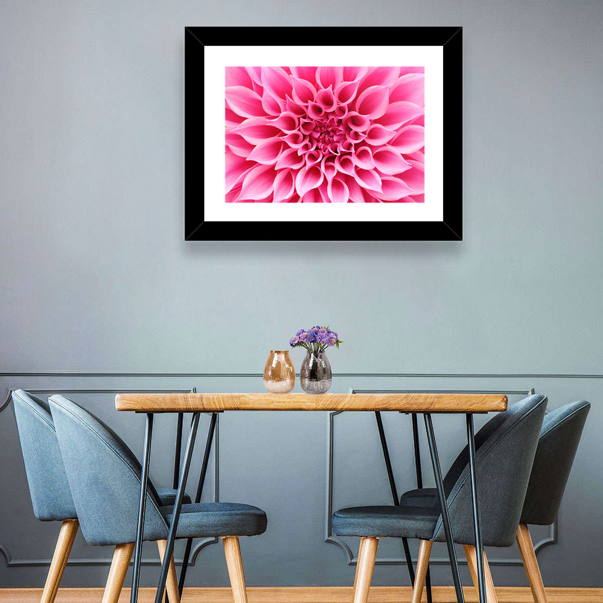 Pink Dahlia Spiral Close-up Wall Art in a room, landscape