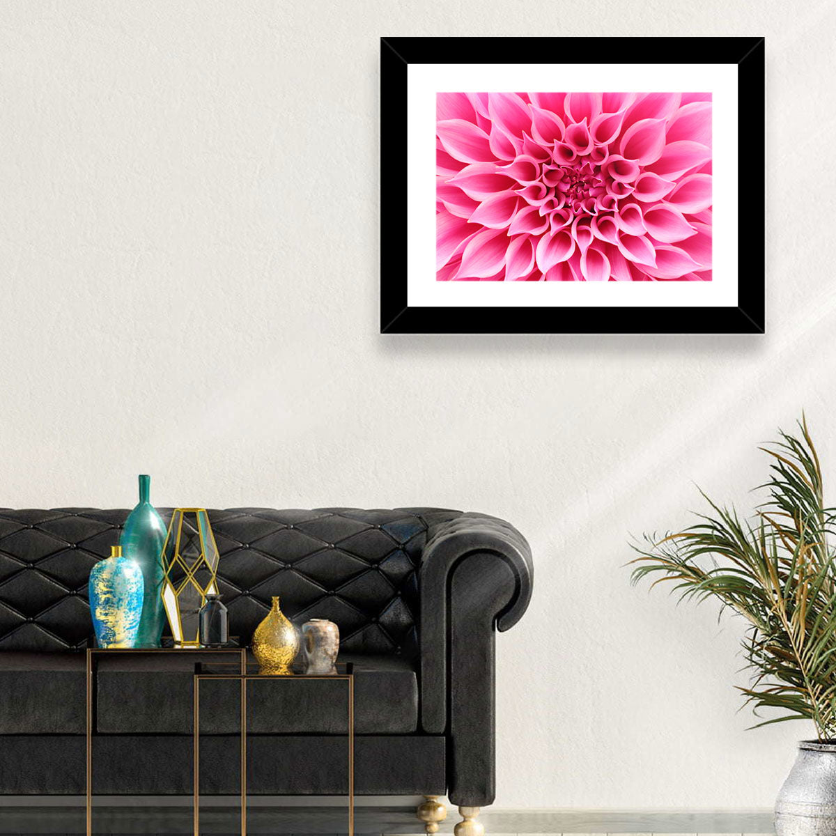Pink Dahlia Spiral Close-up Wall Art in a room, landscape
