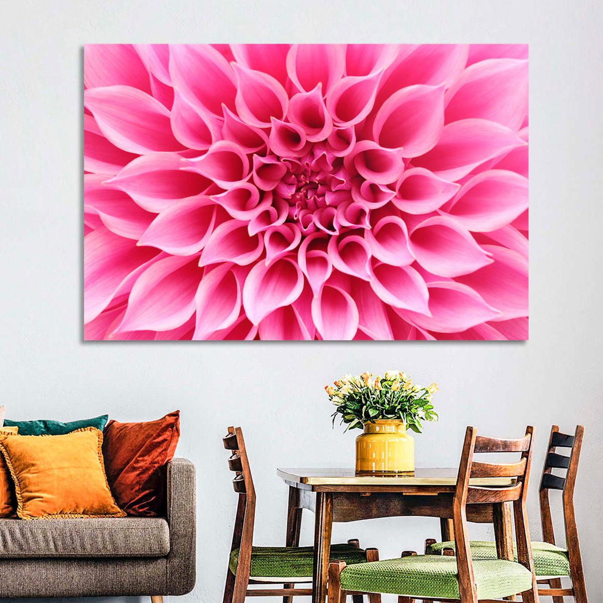 Pink Dahlia Spiral Close-up Wall Art in a room, landscape