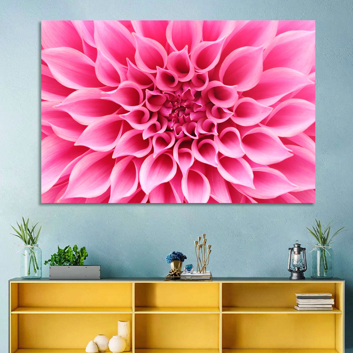 Pink Dahlia Spiral Close-up Wall Art in a room, landscape