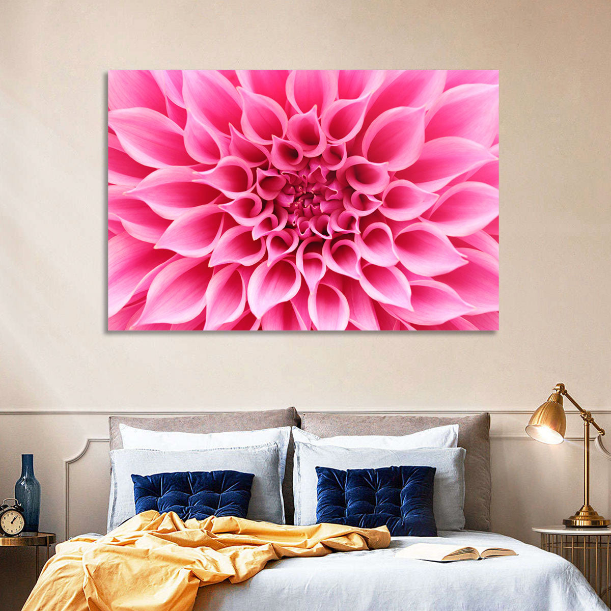 Pink Dahlia Spiral Close-up Wall Art in a room, landscape