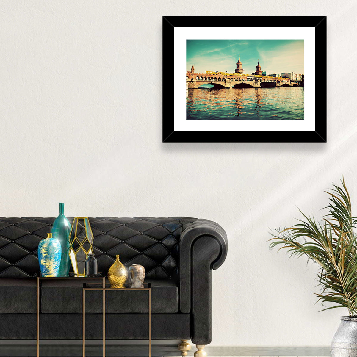 Oberbaum Bridge with Yellow Train Wall Art in a room, landscape