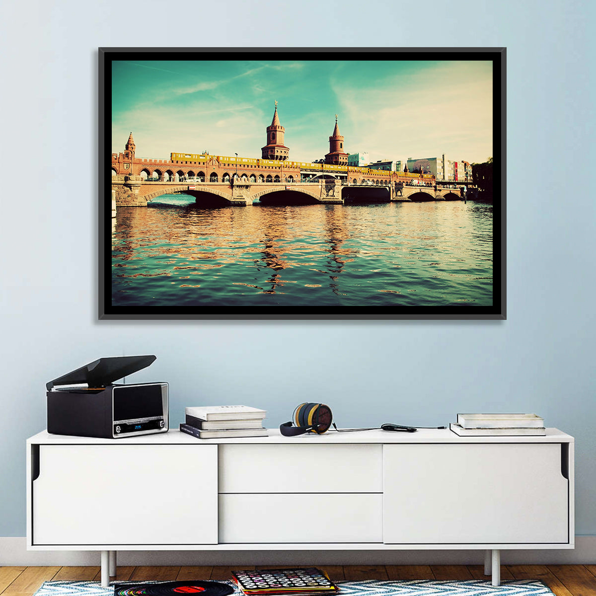 Oberbaum Bridge with Yellow Train Wall Art in a room, landscape