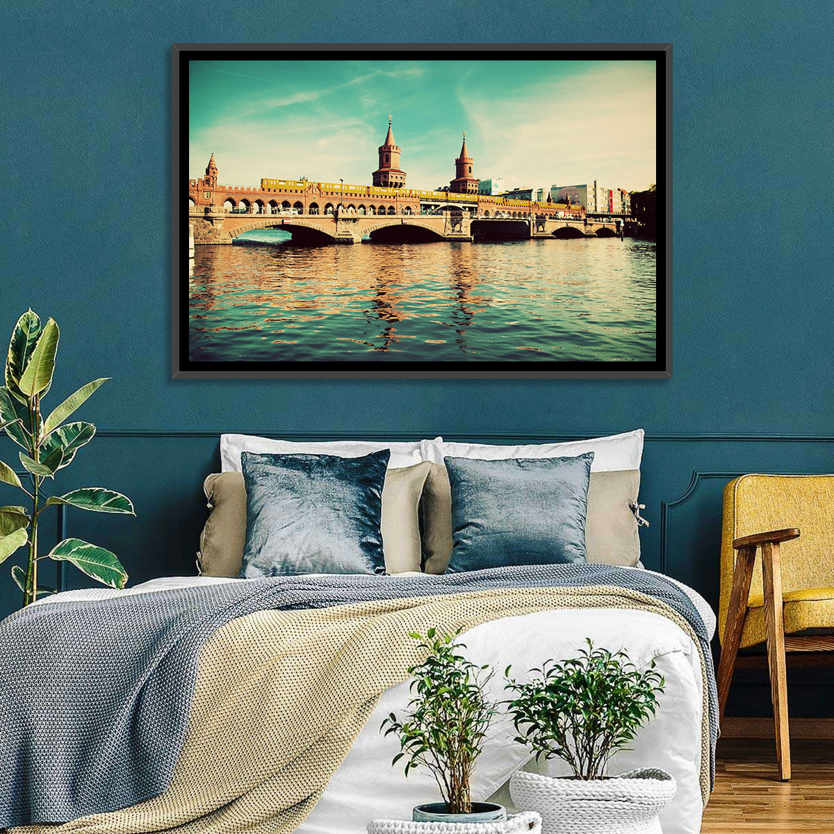 Oberbaum Bridge with Yellow Train Wall Art in a room, landscape