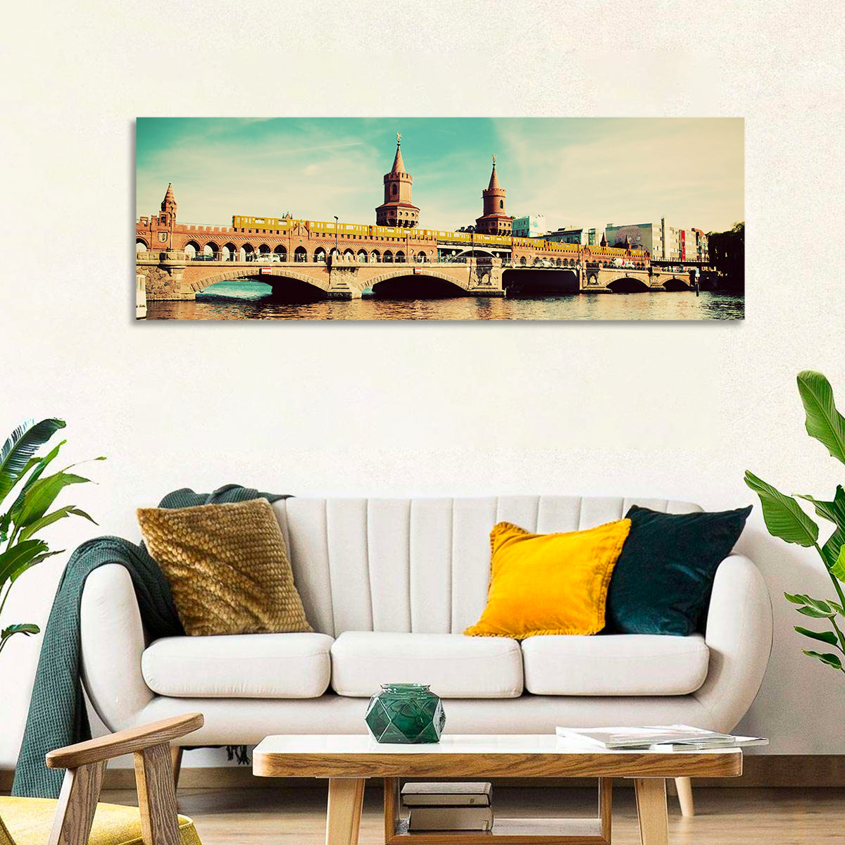 Oberbaum Bridge with Yellow Train Wall Art in a room, landscape