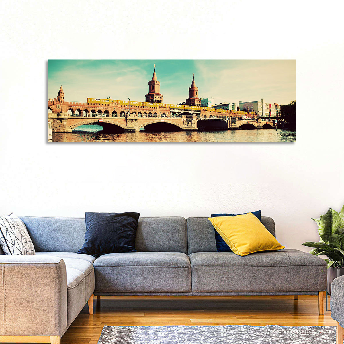 Oberbaum Bridge with Yellow Train Wall Art in a room, landscape