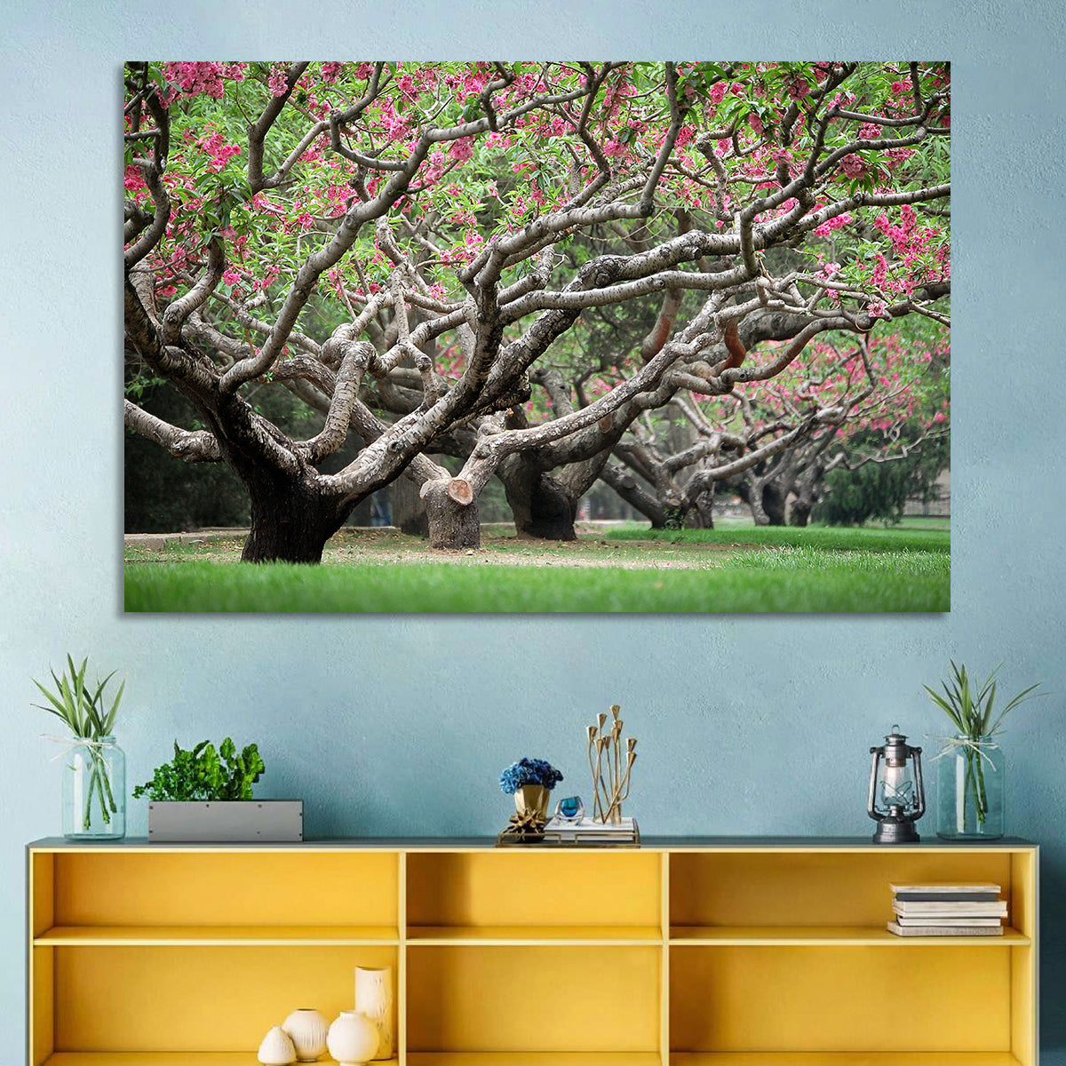 Peach Orchard in Bloom Wall Art in a room, landscape