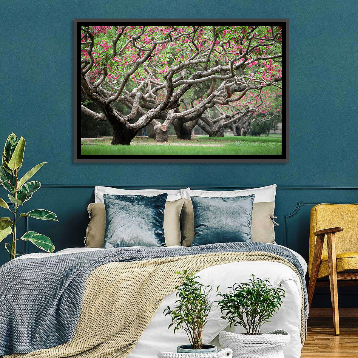Peach Orchard in Bloom Wall Art in a room, landscape