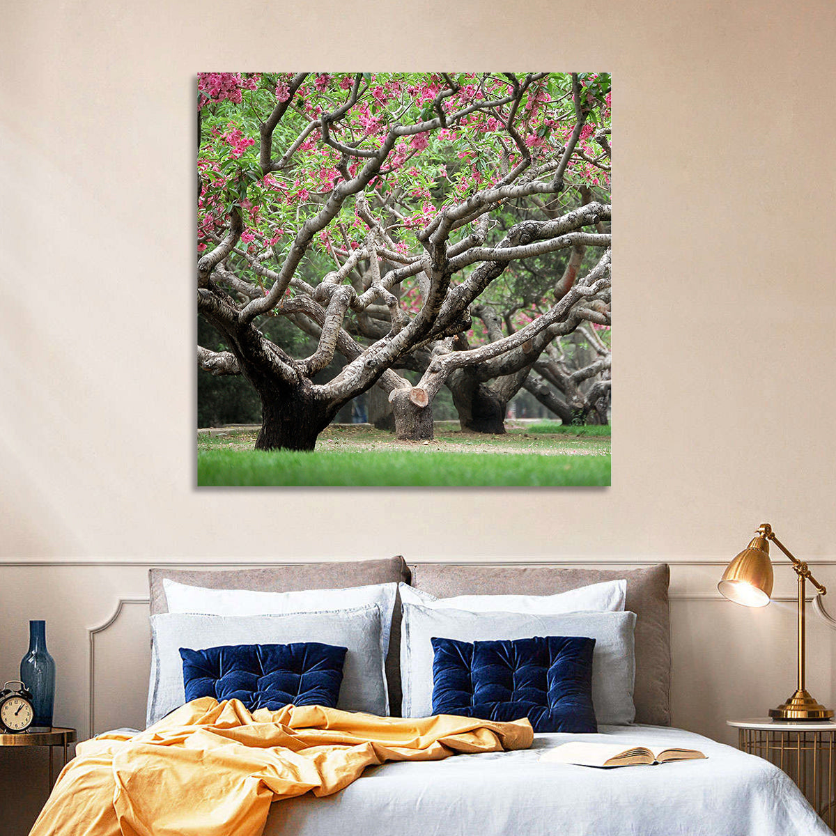 Peach Orchard in Bloom Wall Art in a room, landscape