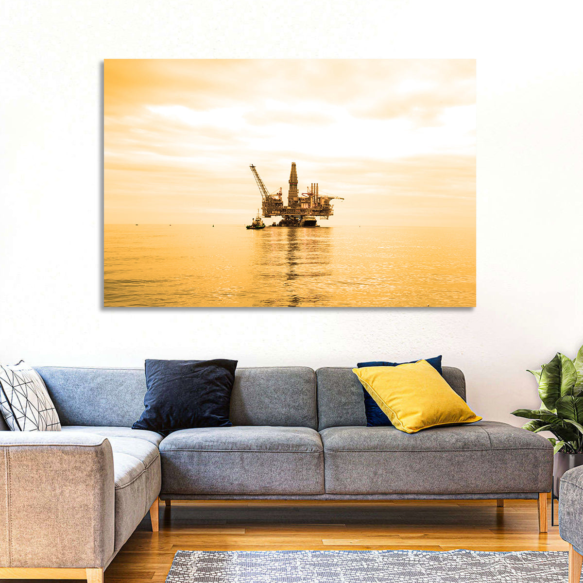Golden Hour Oil Rig Wall Art in a room, landscape