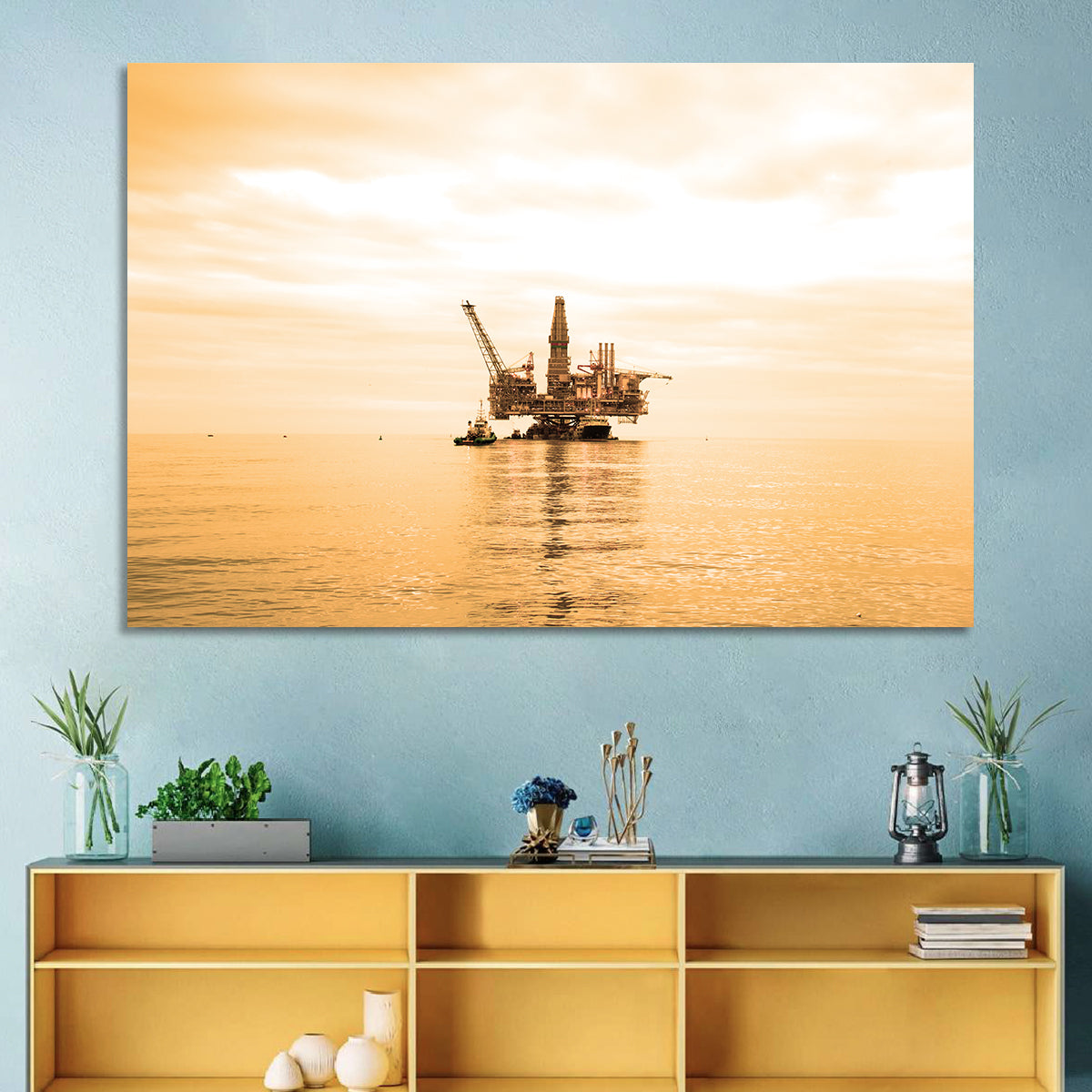 Golden Hour Oil Rig Wall Art in a room, landscape