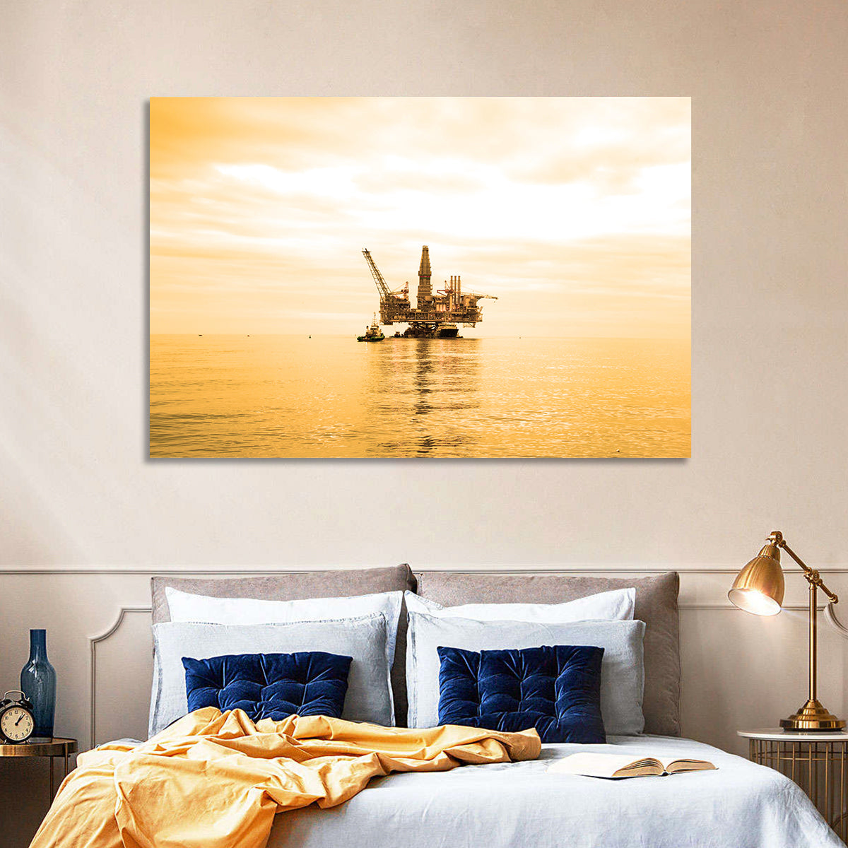 Golden Hour Oil Rig Wall Art in a room, landscape
