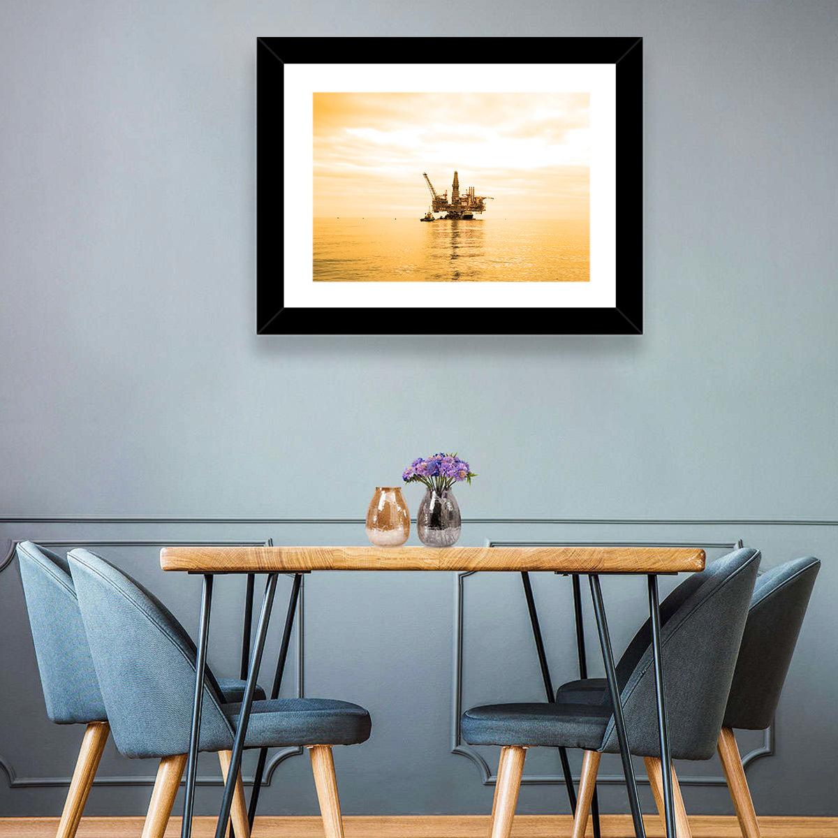 Golden Hour Oil Rig Wall Art in a room, landscape