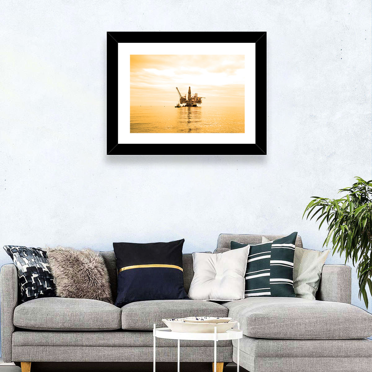 Golden Hour Oil Rig Wall Art in a room, landscape