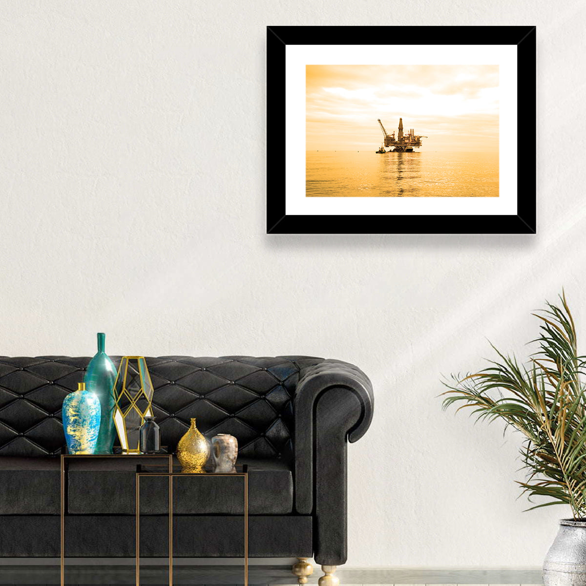 Golden Hour Oil Rig Wall Art in a room, landscape