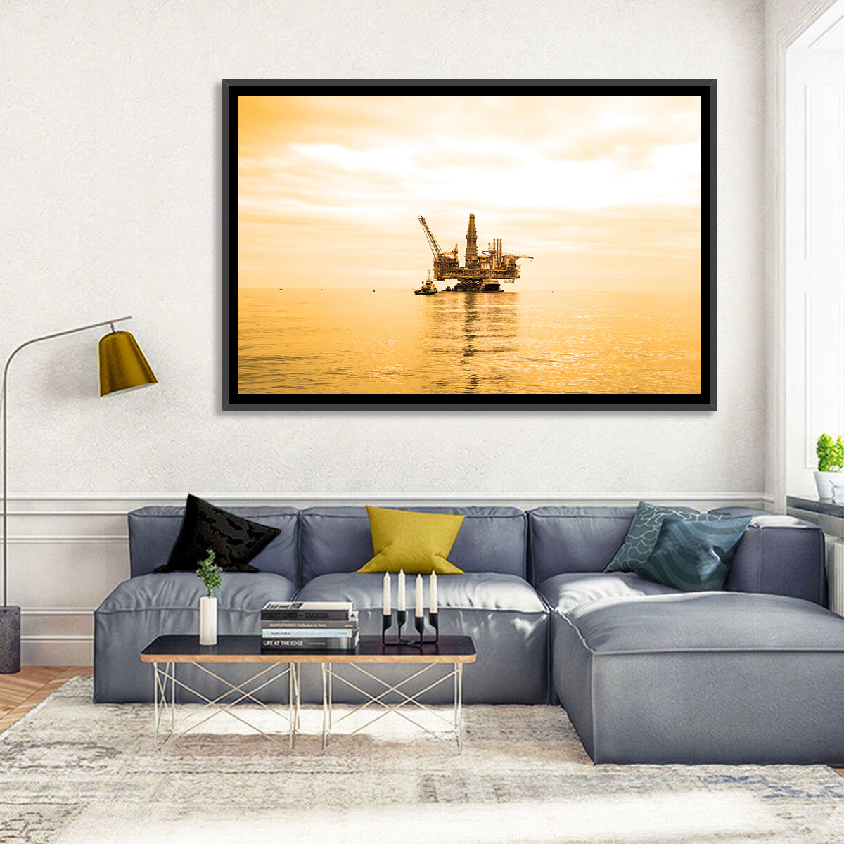 Golden Hour Oil Rig Wall Art in a room, landscape